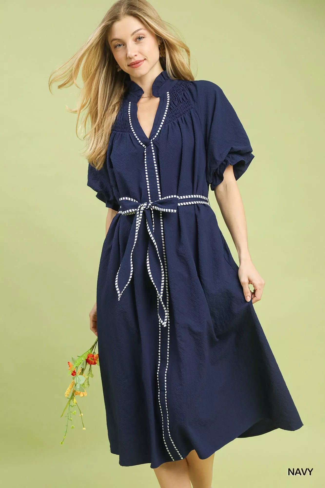 Ruffle Collar Midi Dress with Stripe Trim
