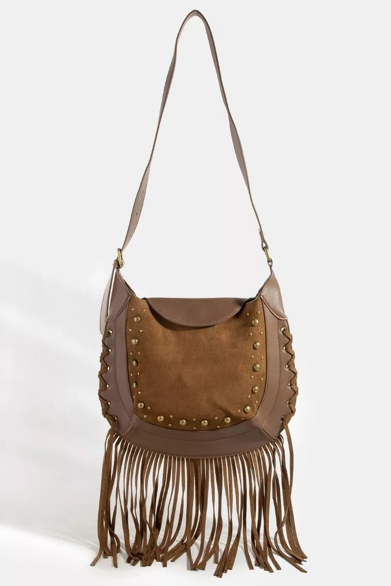 Rivet Trim Suede Fringe Shoulder Bag
