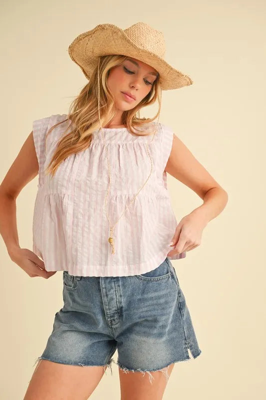 Ruched Striped Round Neck Sleeveless Top