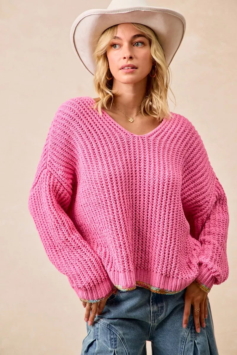 V-Neck Sweater with Colorful Trim