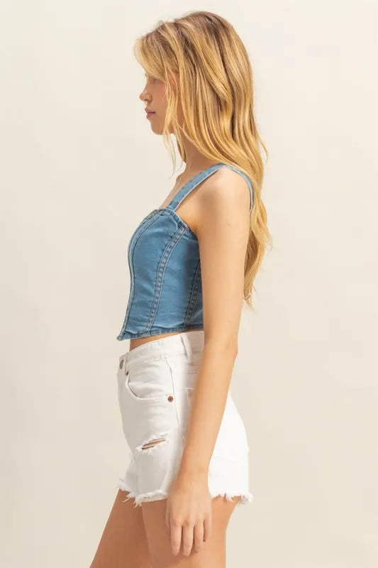 Washed Sweetheart Neck Wide Strap Denim Tank