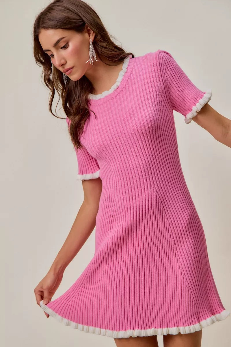 Contrast Ruffled Sweater Knit Mini Dress
