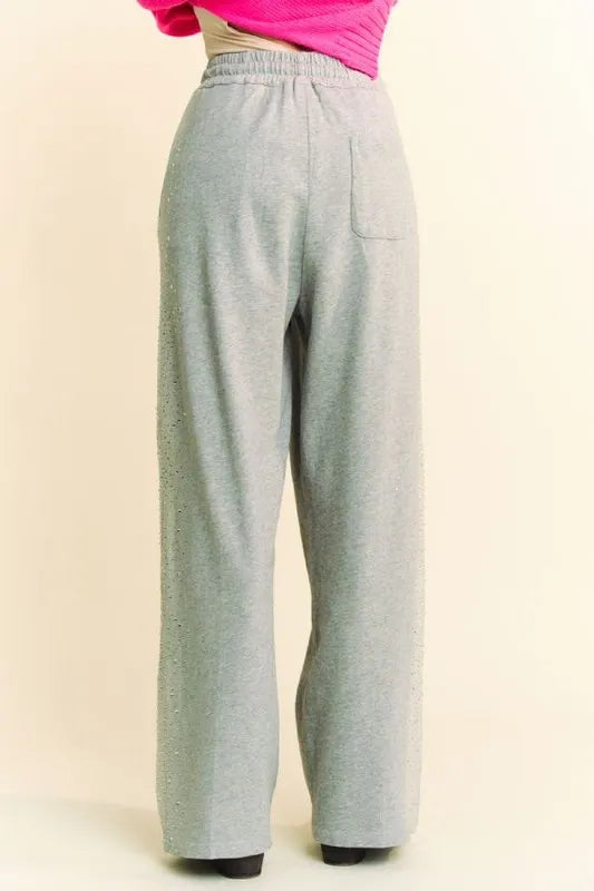 Rhinestone Elastic Waist Wide Leg Pants