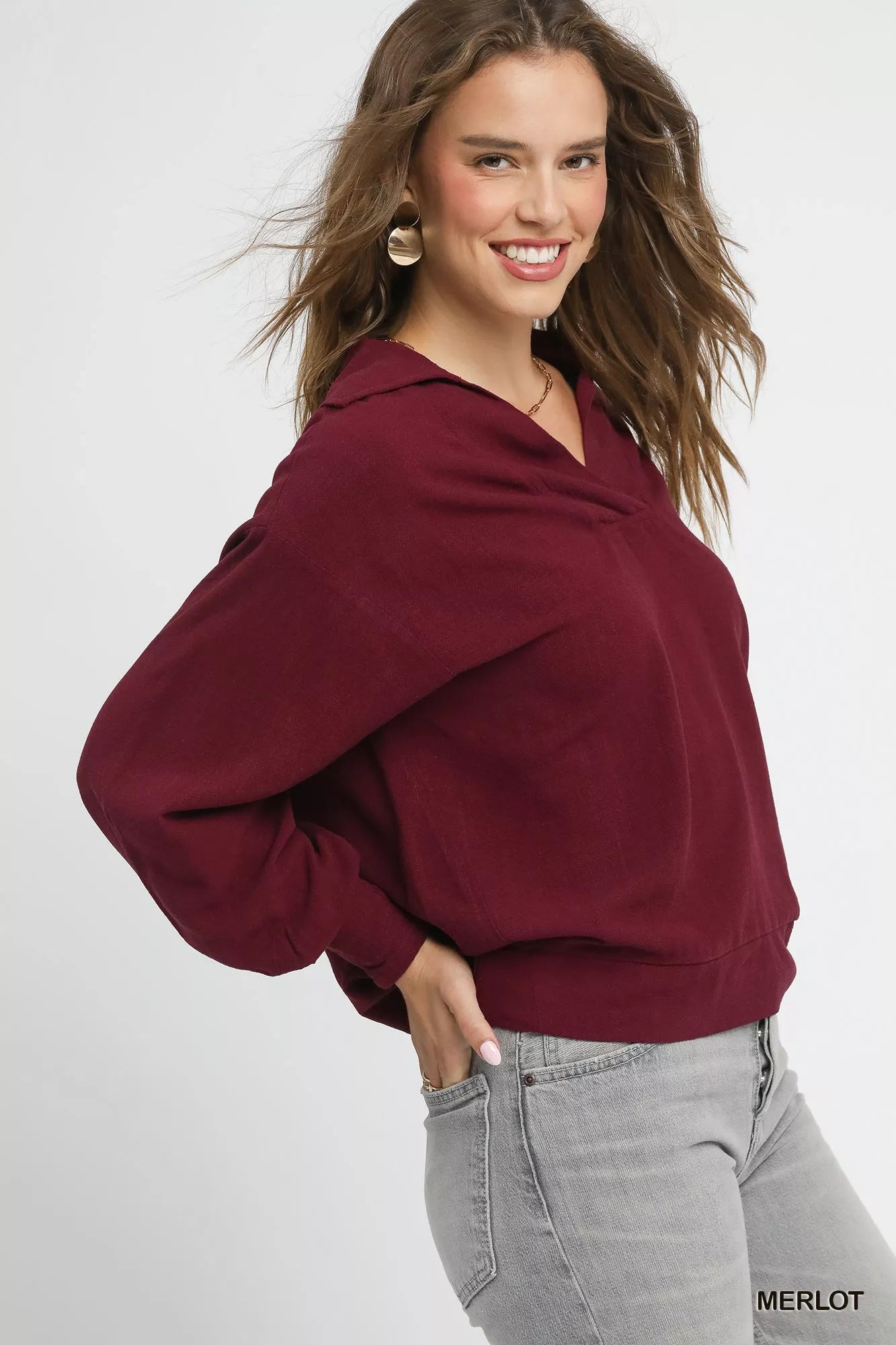 Linen Long Sleeves Elastic Hem Blouse