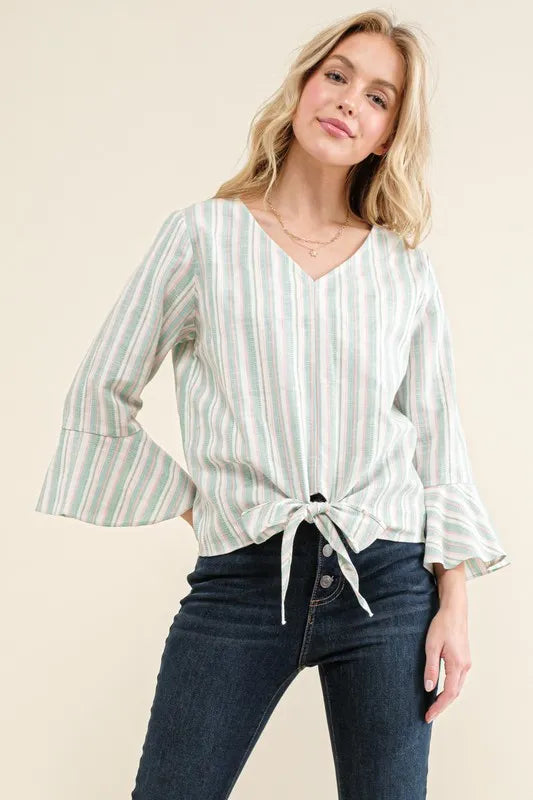 Stripe Tie Knot Front Bell Sleeve Top