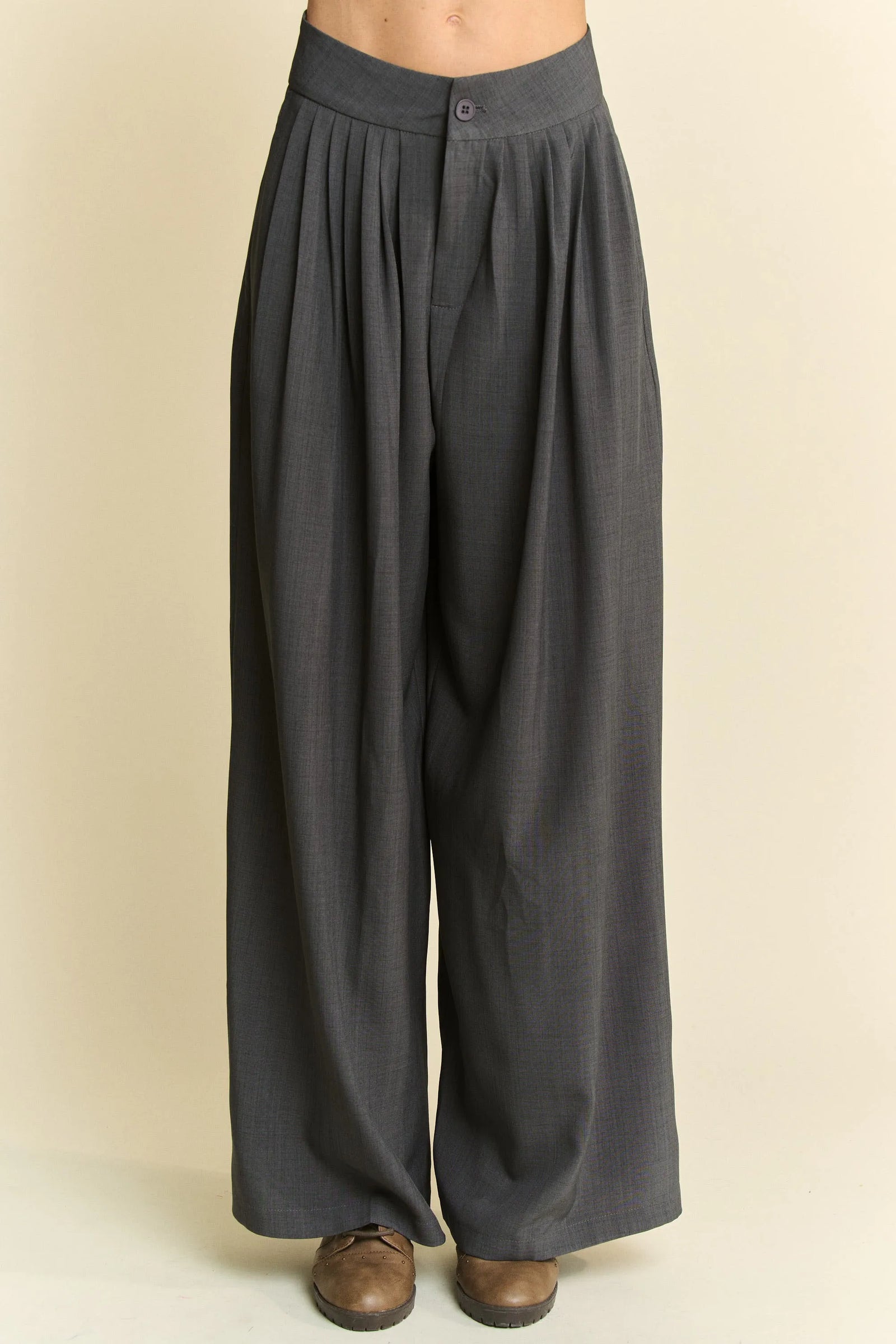 Solid Back Pocket Shirring Detail Wide Leg Pants