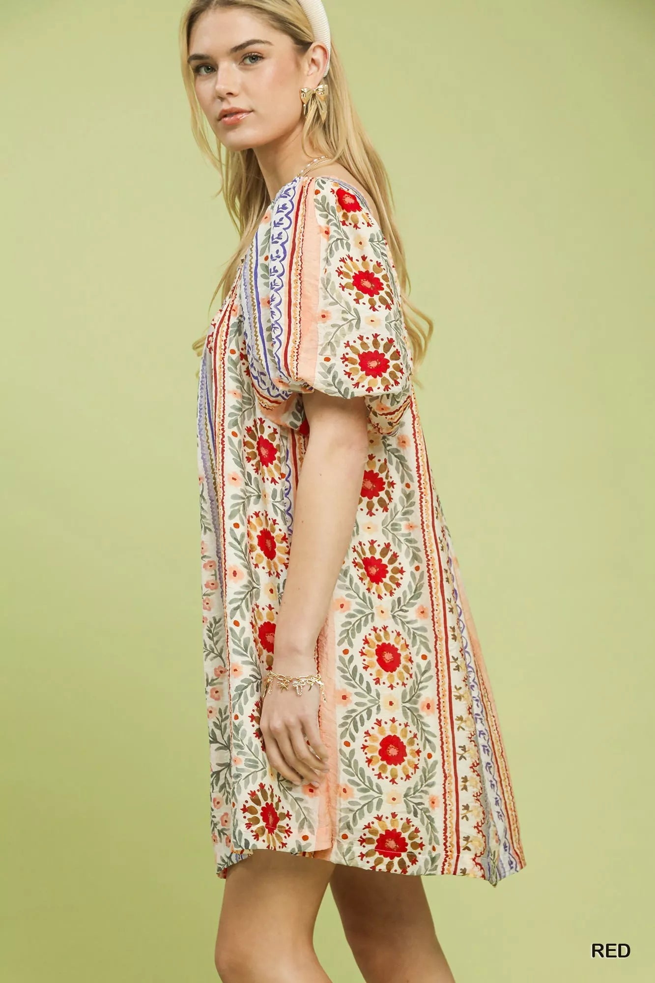 Mixed Print Puff Sleeve Mini Dress