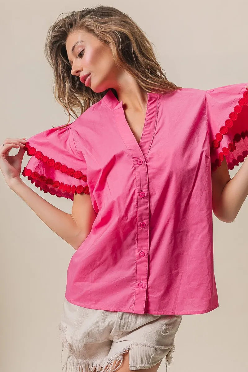 Dot Trim Flutter Sleeve Notched Top