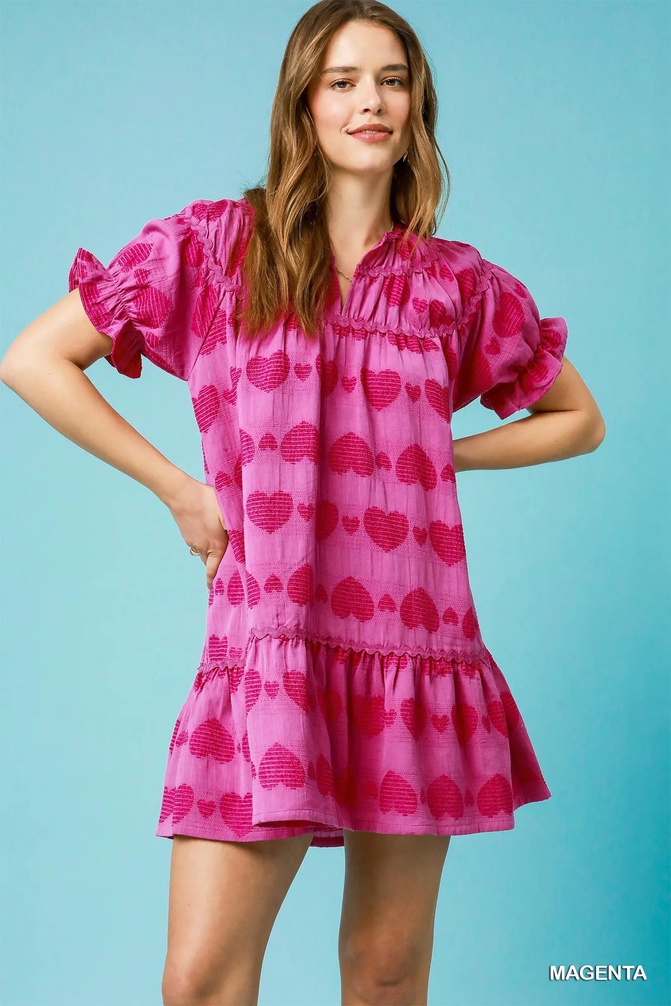 Heart Pattern Short Sleeve Ruffle Babydoll Dress