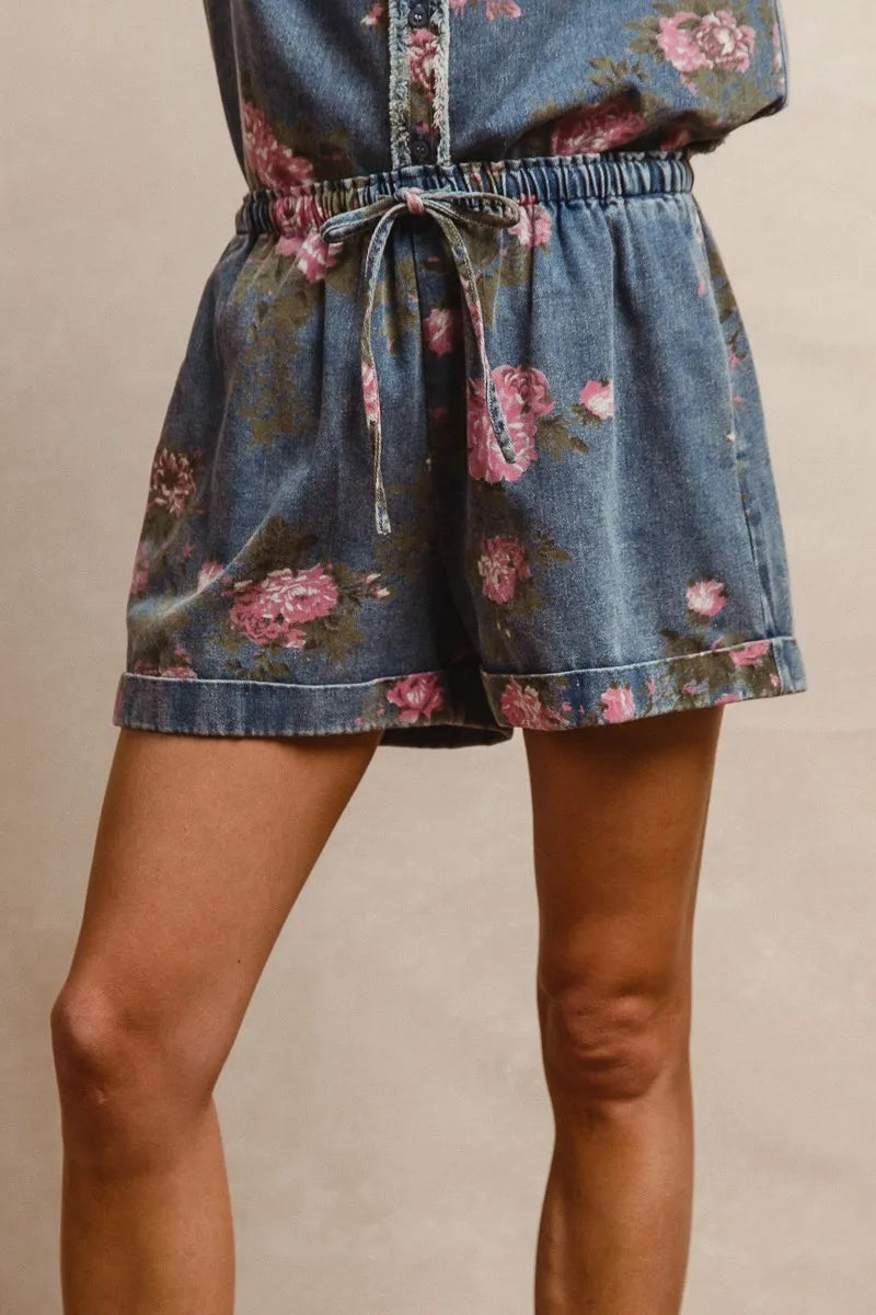 Floral Printed Denim Short Pants With Pocket