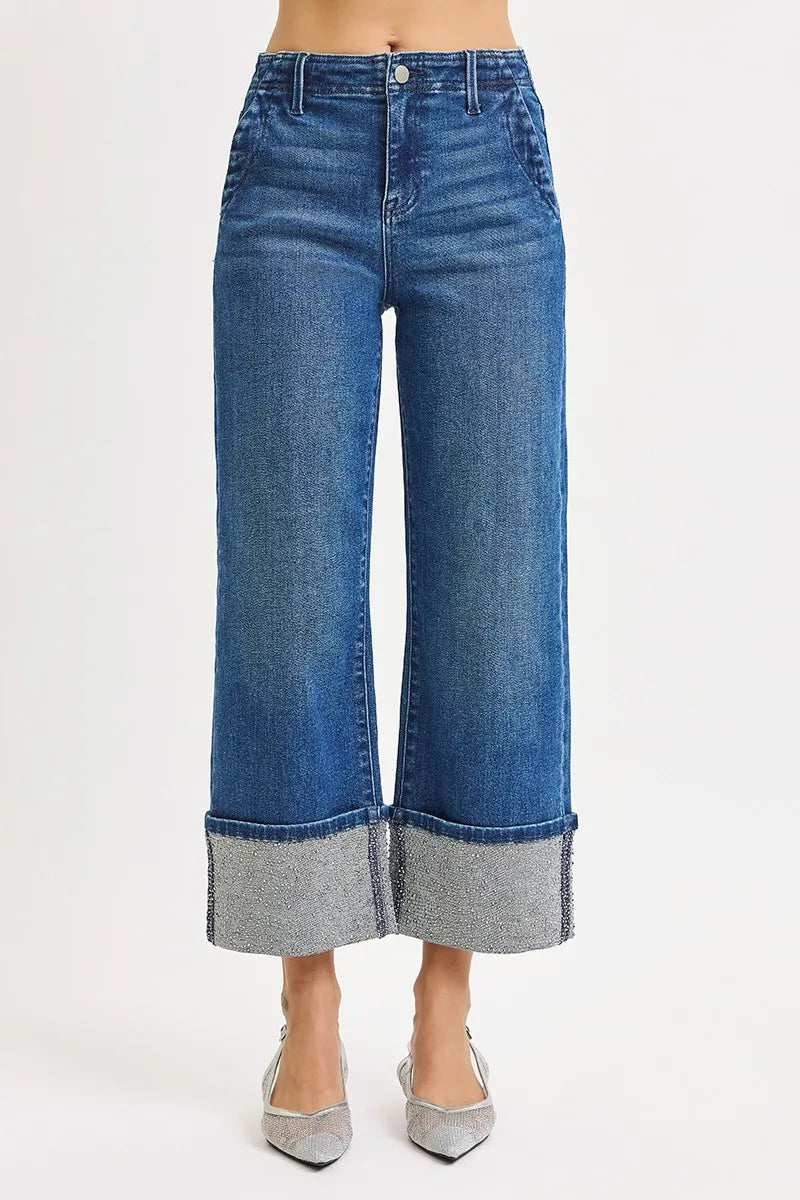 High Rise Ankle Wide Rhine Stone Cuffed Jeans