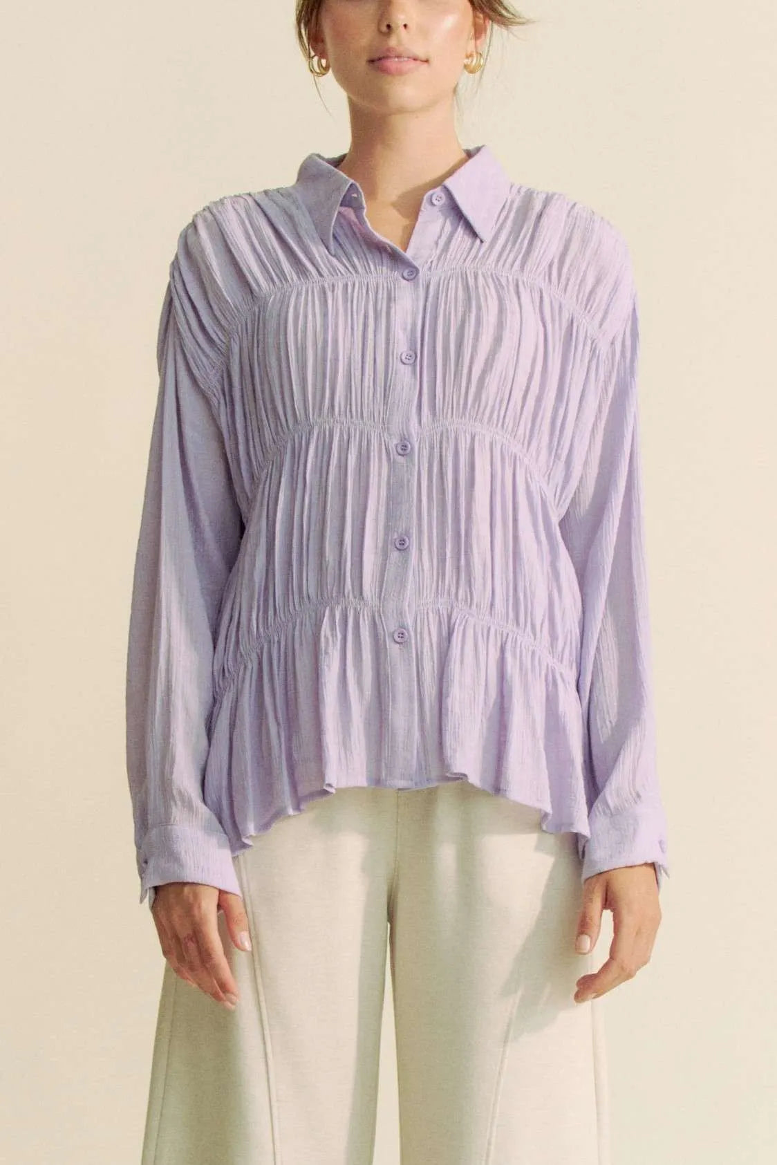 Ruched All Over Button Front Shirt