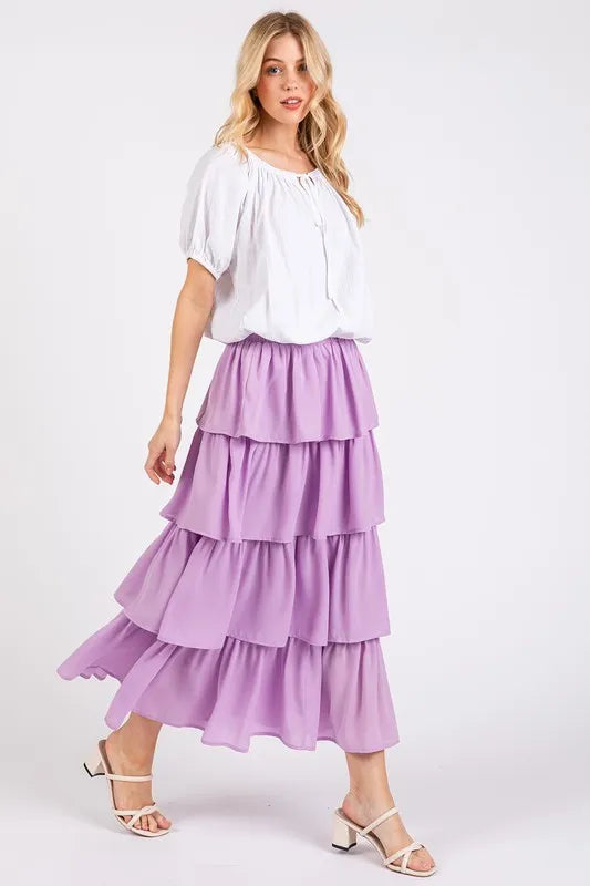 Chiffon Ruffle Layer Elastic Waist Midi Skirt