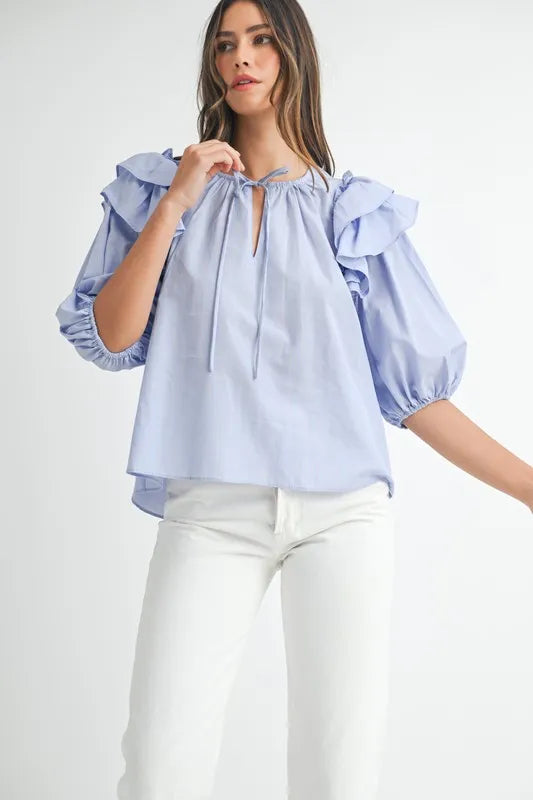Stripe Ruffle Shoulder Puff Sleeve Blouse