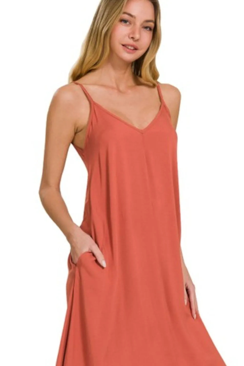 Woven Arc Hem Cami Midi Dress With Flowy Pockets