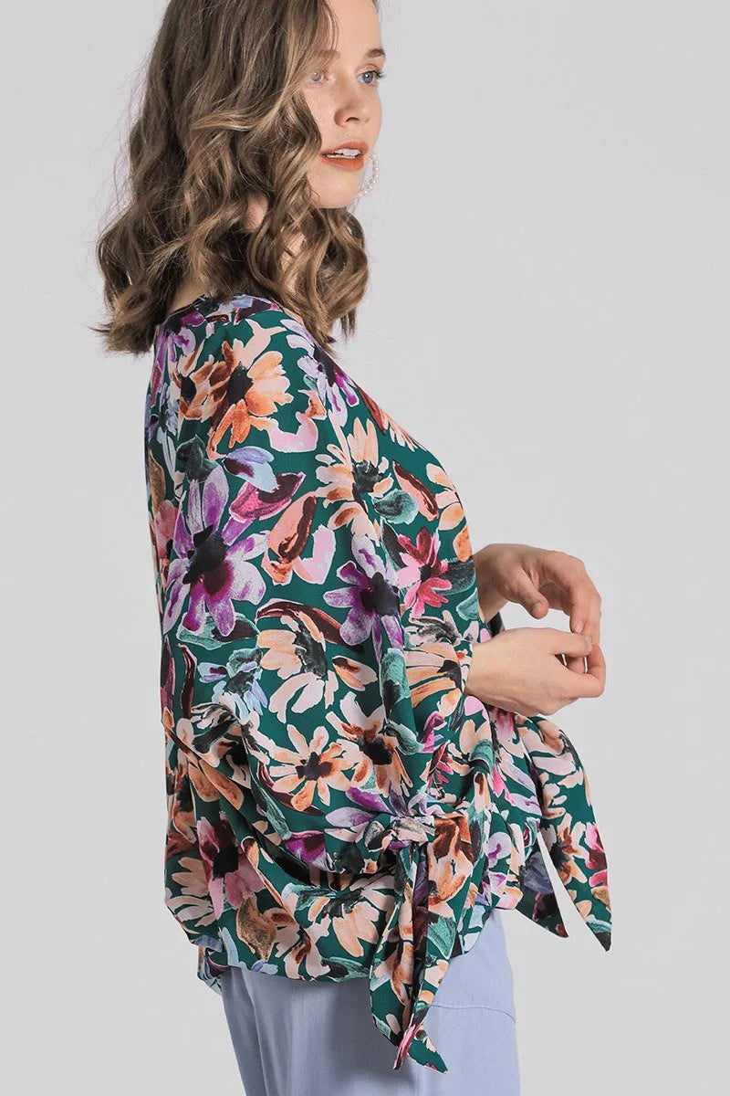 Full Size Floral V-Neck Tie Sleeve Blouse Plus Size