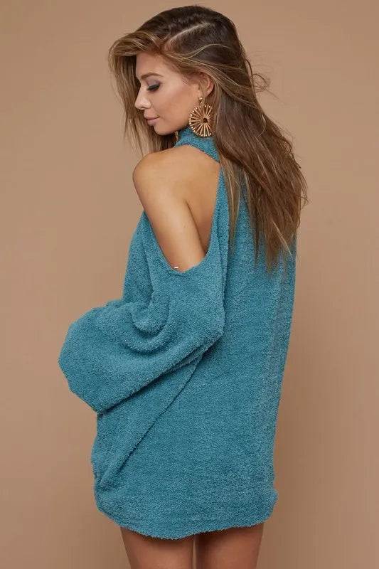 Sweater Knit Open One Shoulder Turtle Neck