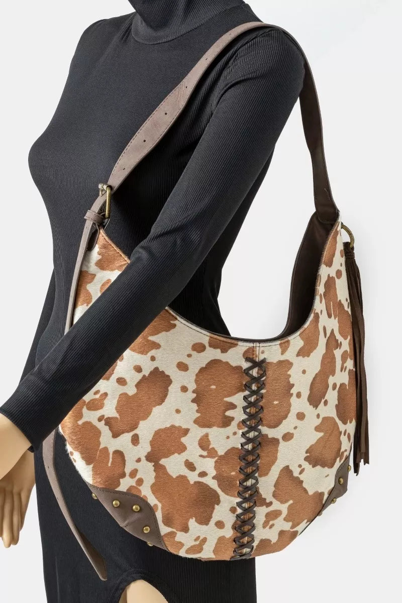 Cow Print Hobo Shoulder Bag with Studded Details