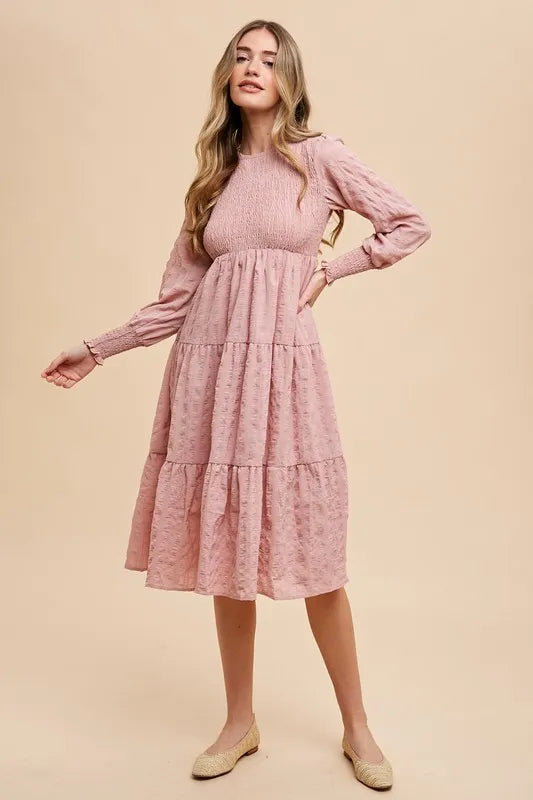Textured Smocking Bodice Tiered Midi Dress