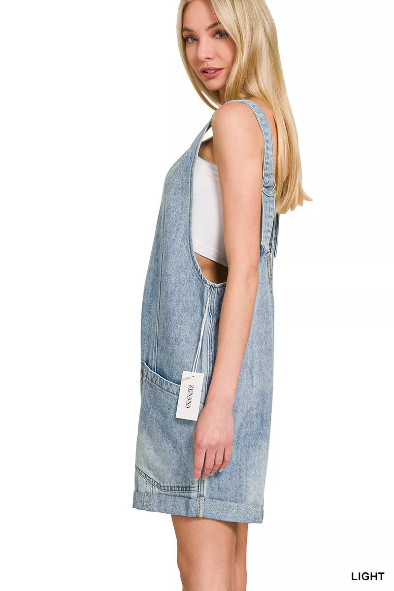 Denim Short Overalls with Pockets