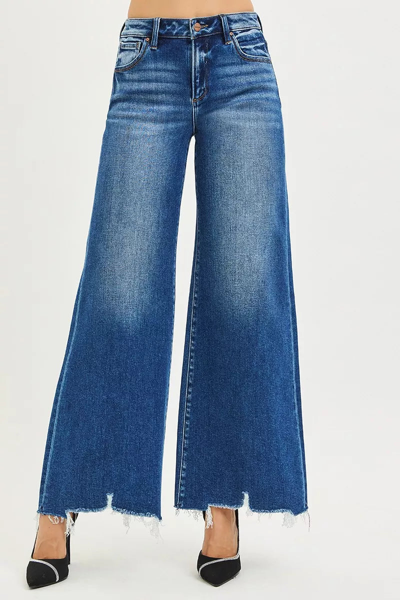 High Rise Wide Leg Jeans with Distressed Hem