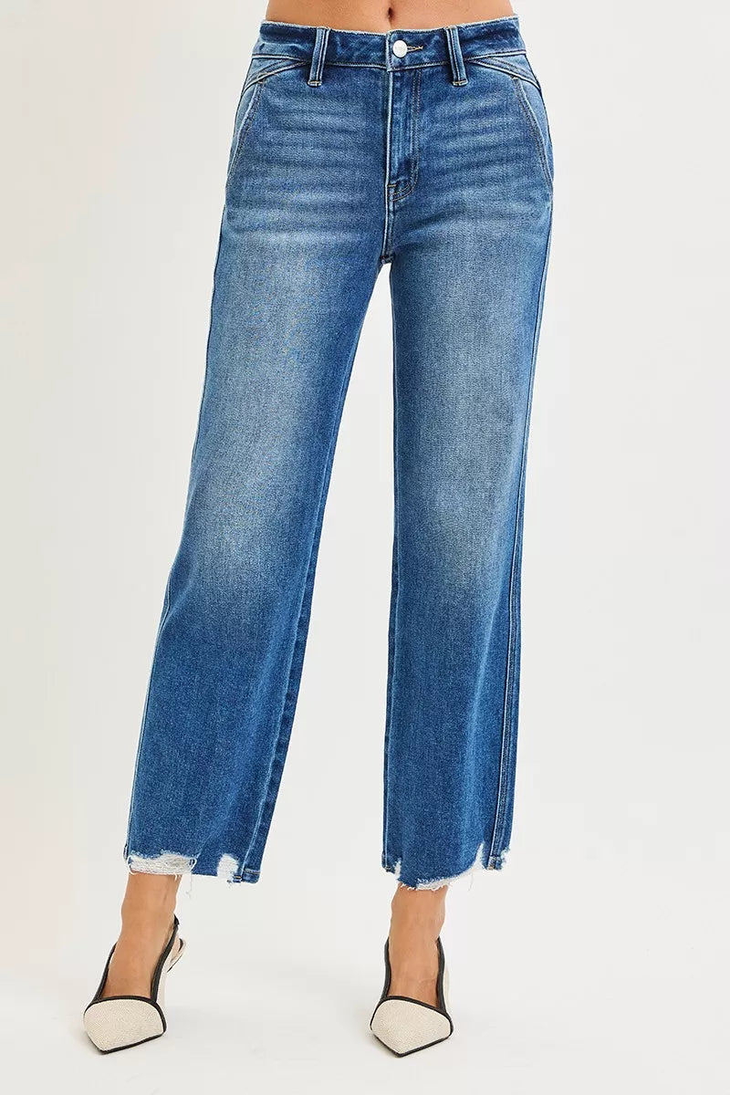 High Rise Ankle Straight Distressed Hem Detail Jeans