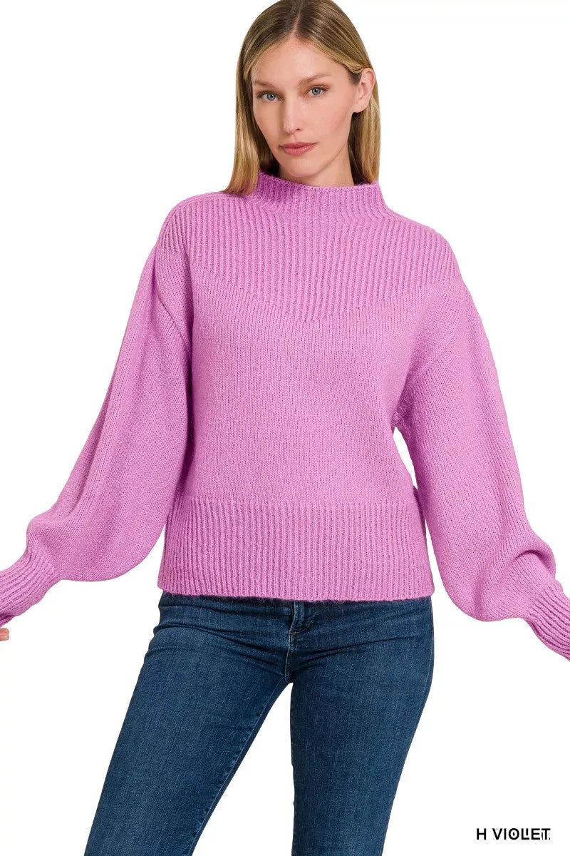 Balloon Sleeve Mock Neck Sweater