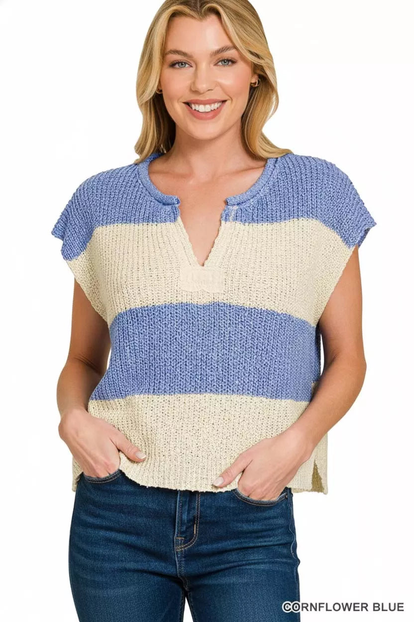 Split Neck Sleeveless Stripe Sweater