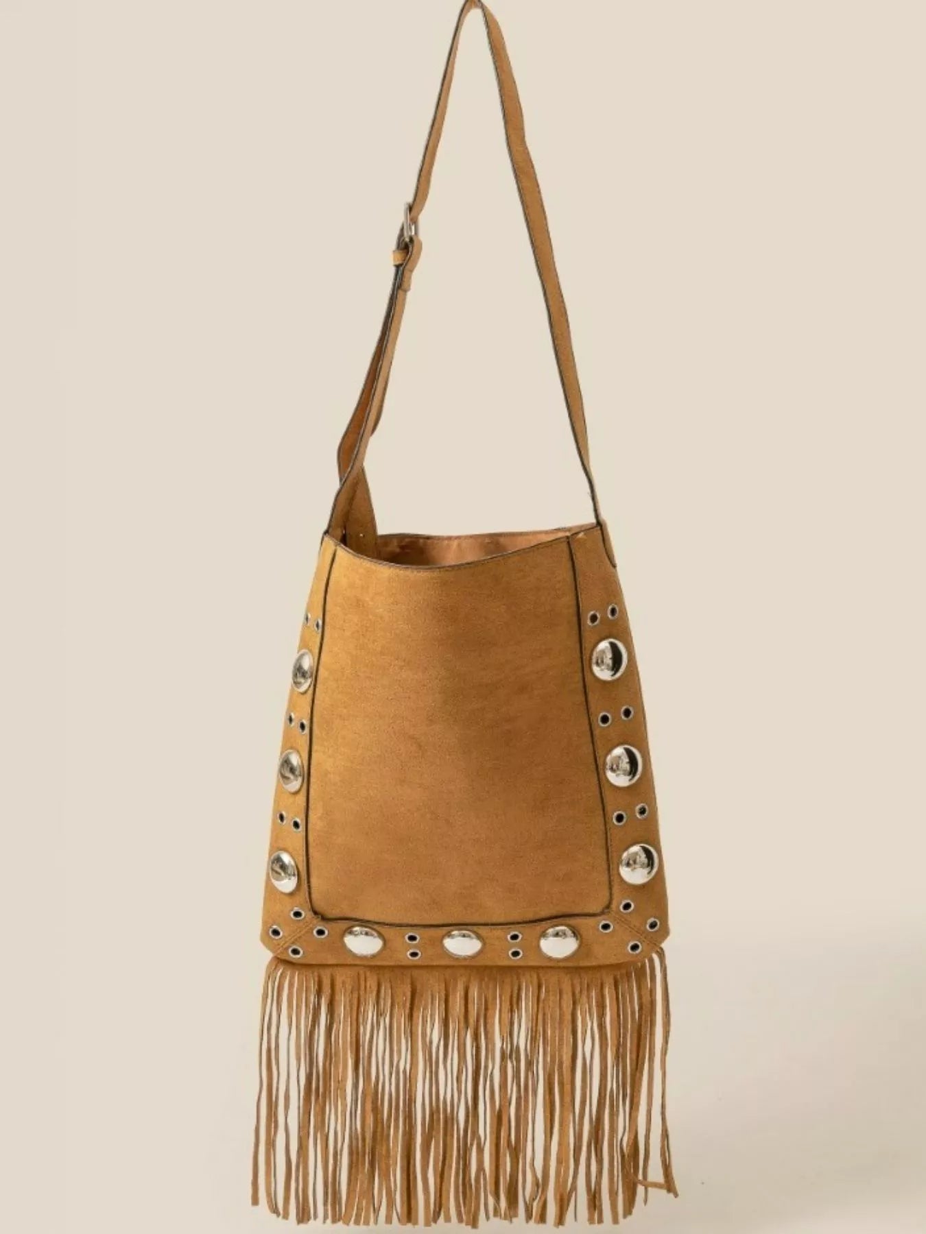 Faux Suede Grommet Accent Fringe Tote Bag