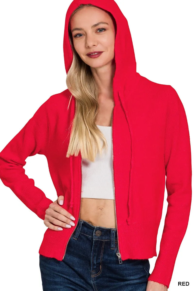 Drawstring Zip Up Hooded Cardigan