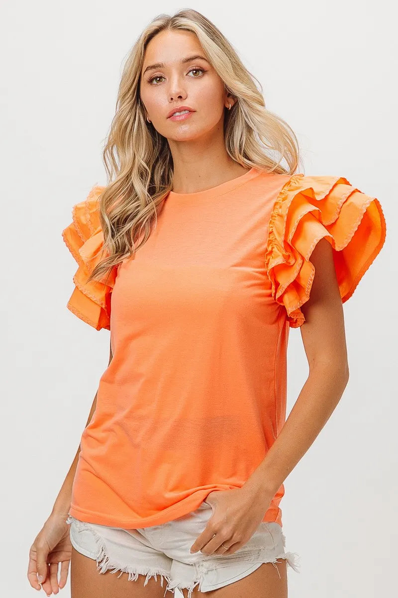 Knit Top Woven Ruffle Tiered Sleeves