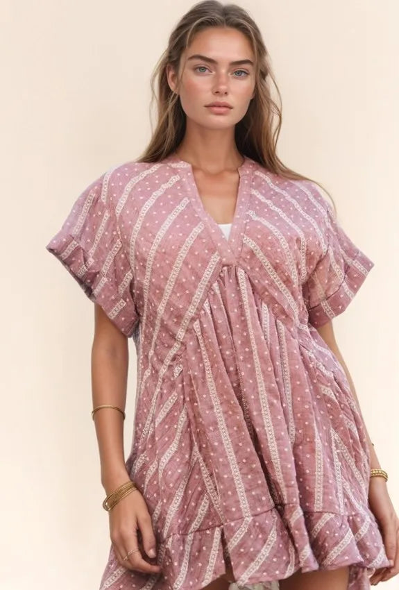 Embroidery V Neck Short Sleeve Ruffled Mini Dress