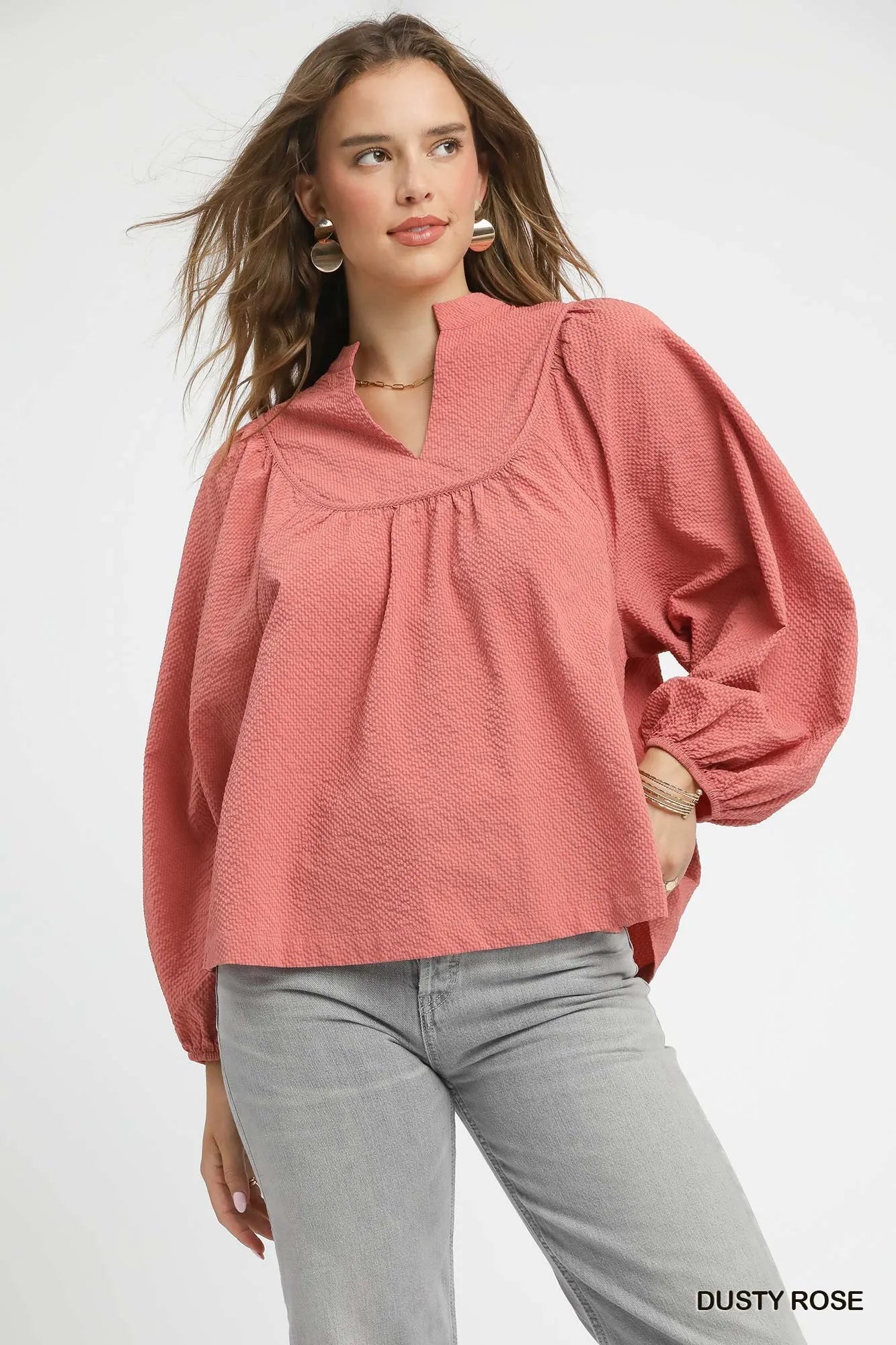 Textured Notched Blouse with Balloon Sleeves