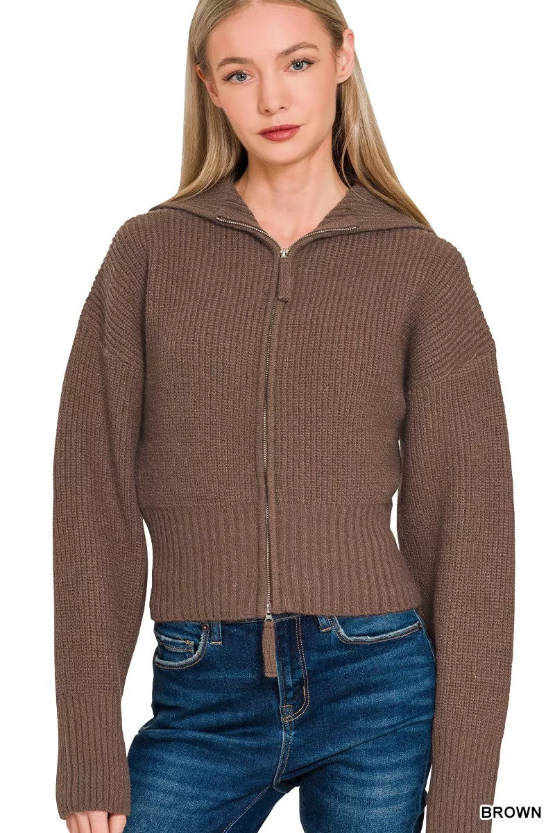 Ribbed Collared Zip Up Sweater Cardigan