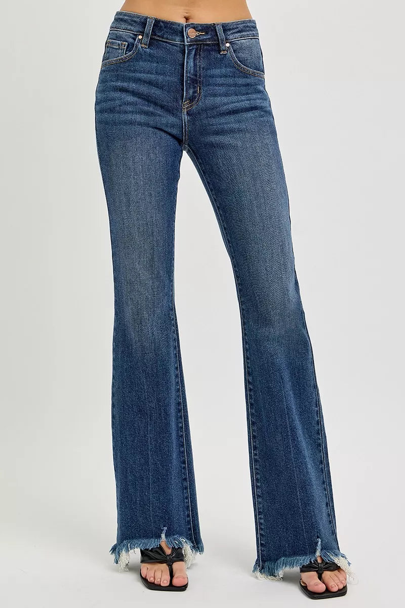 Full Size Mid Rise Flare Frayed Hem Jeans Plus Size