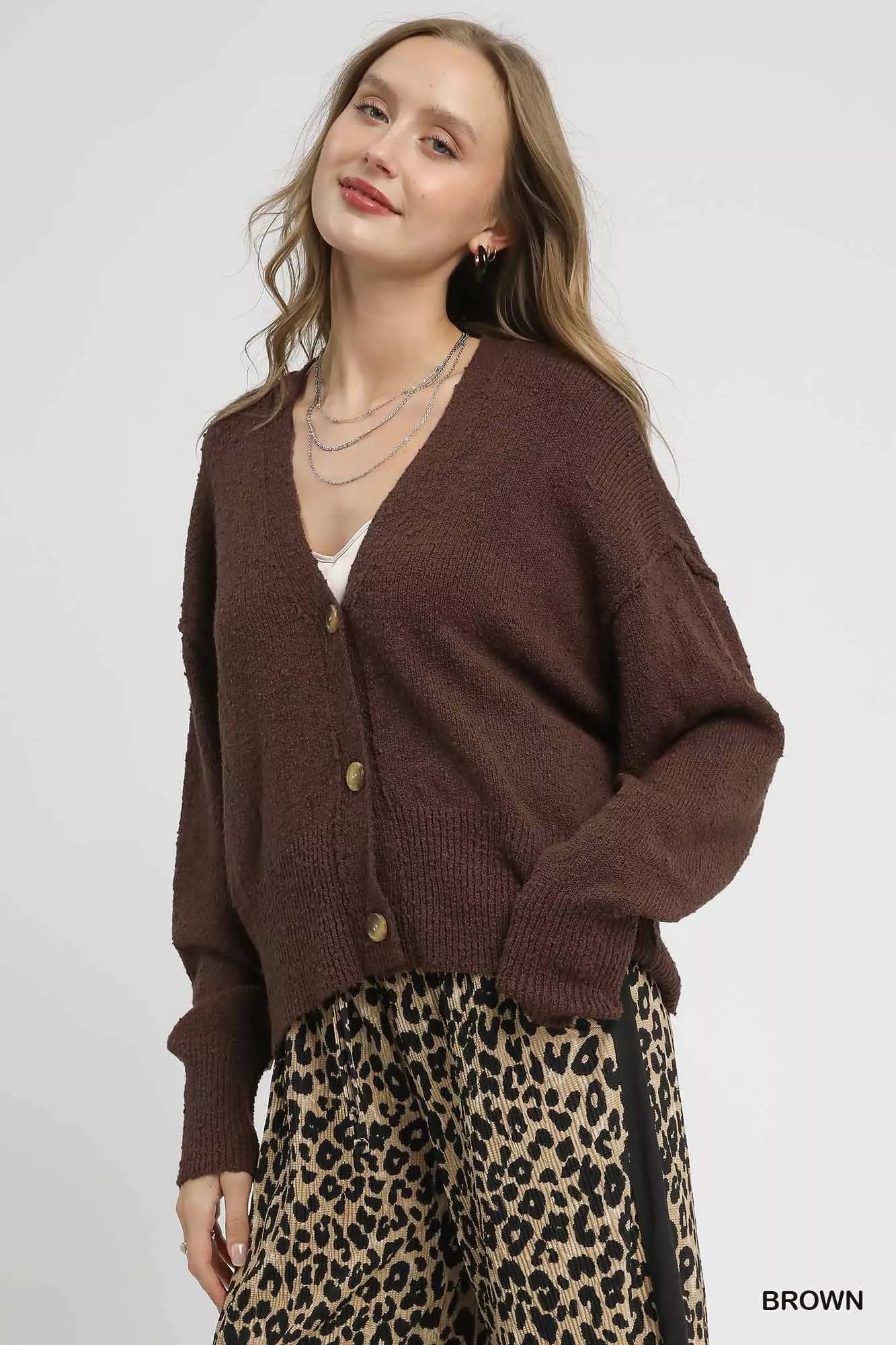 Button-Front V-Neck Knit Cardigan