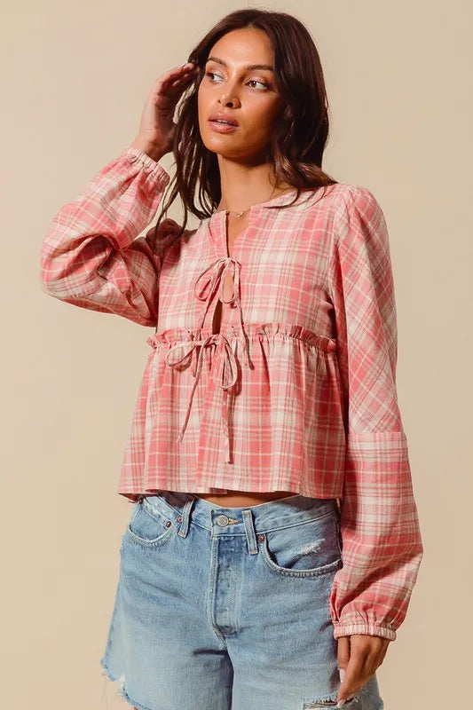 Front Tie Checkered Plaid Blouse