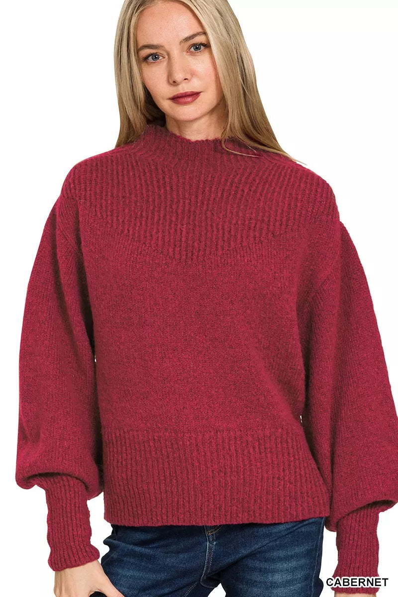 Balloon Sleeve Mock Neck Sweater