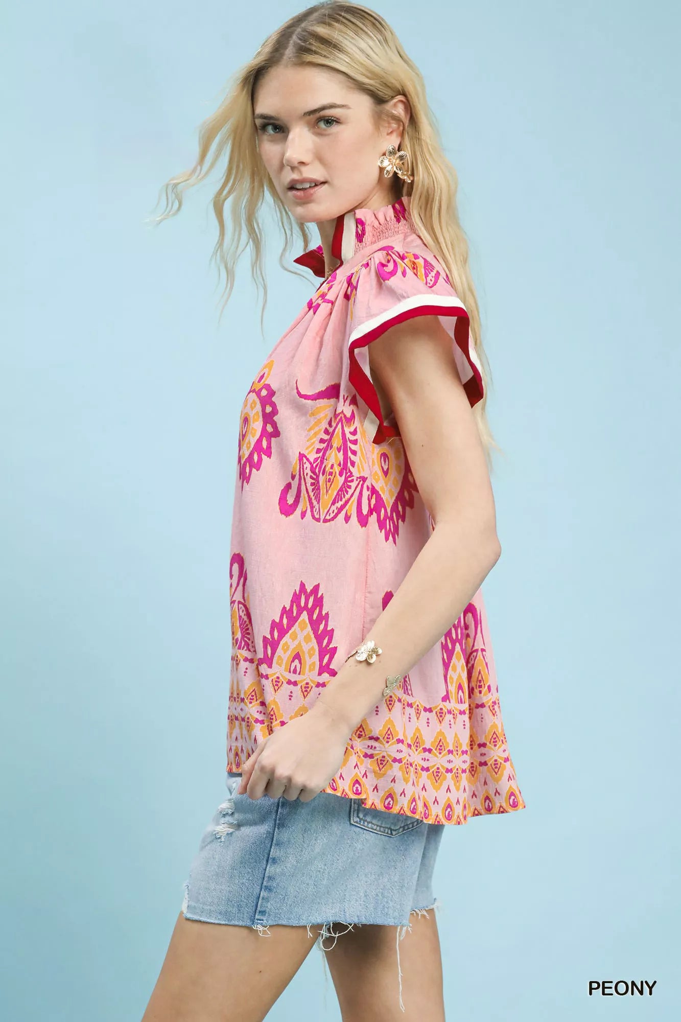Border Print Split-Neck Boho Top