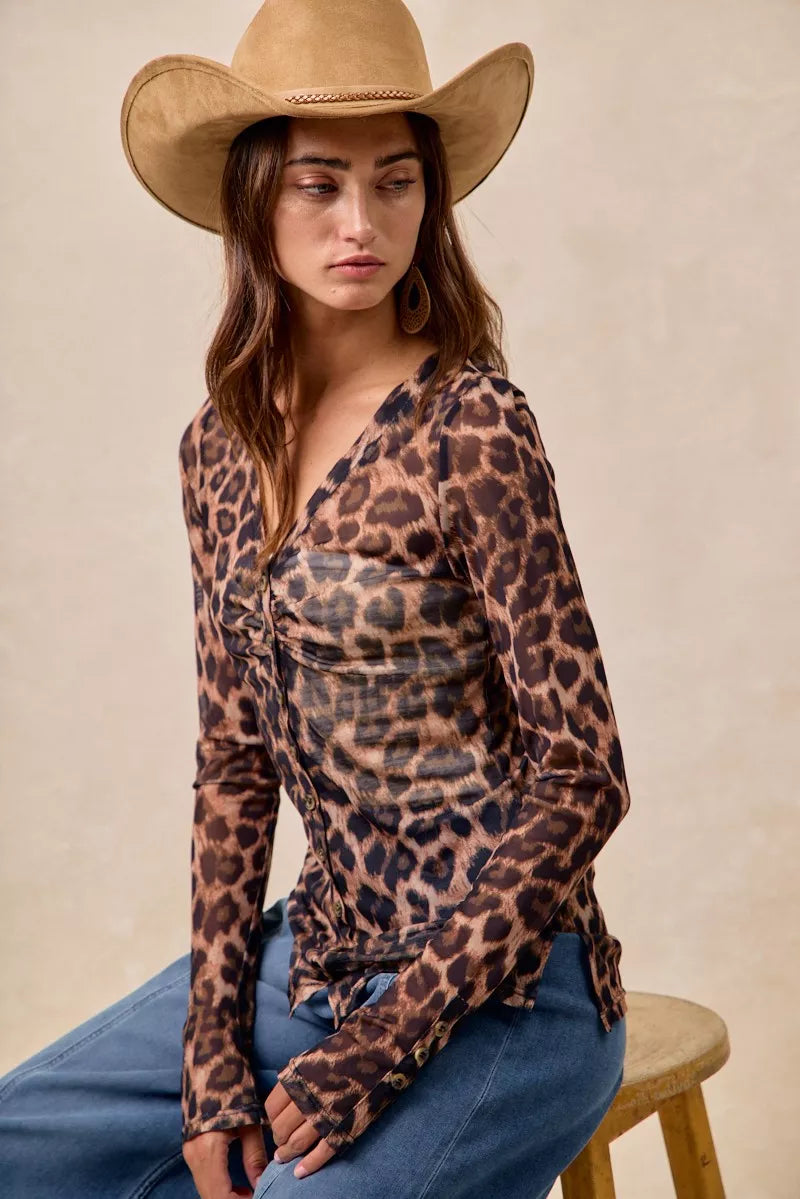 Leopard Printed Mesh Shirt With Button Up V Neck