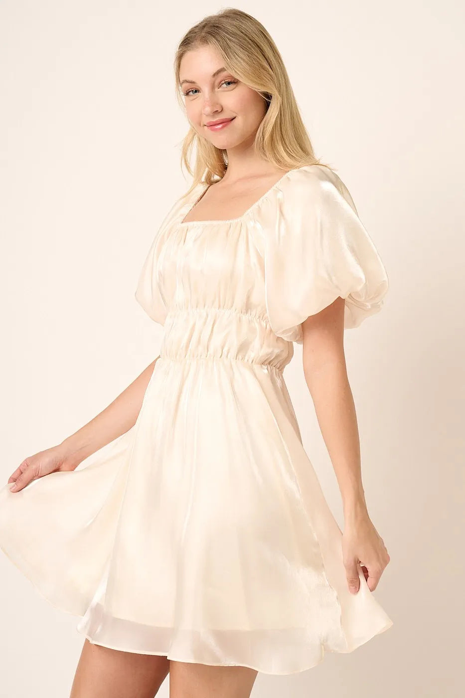 Metallic Organza Fabric Balloon Sleeve Mini Dress