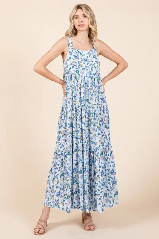 Flower Print Tiered Sleeveless Empire Maxi Dress