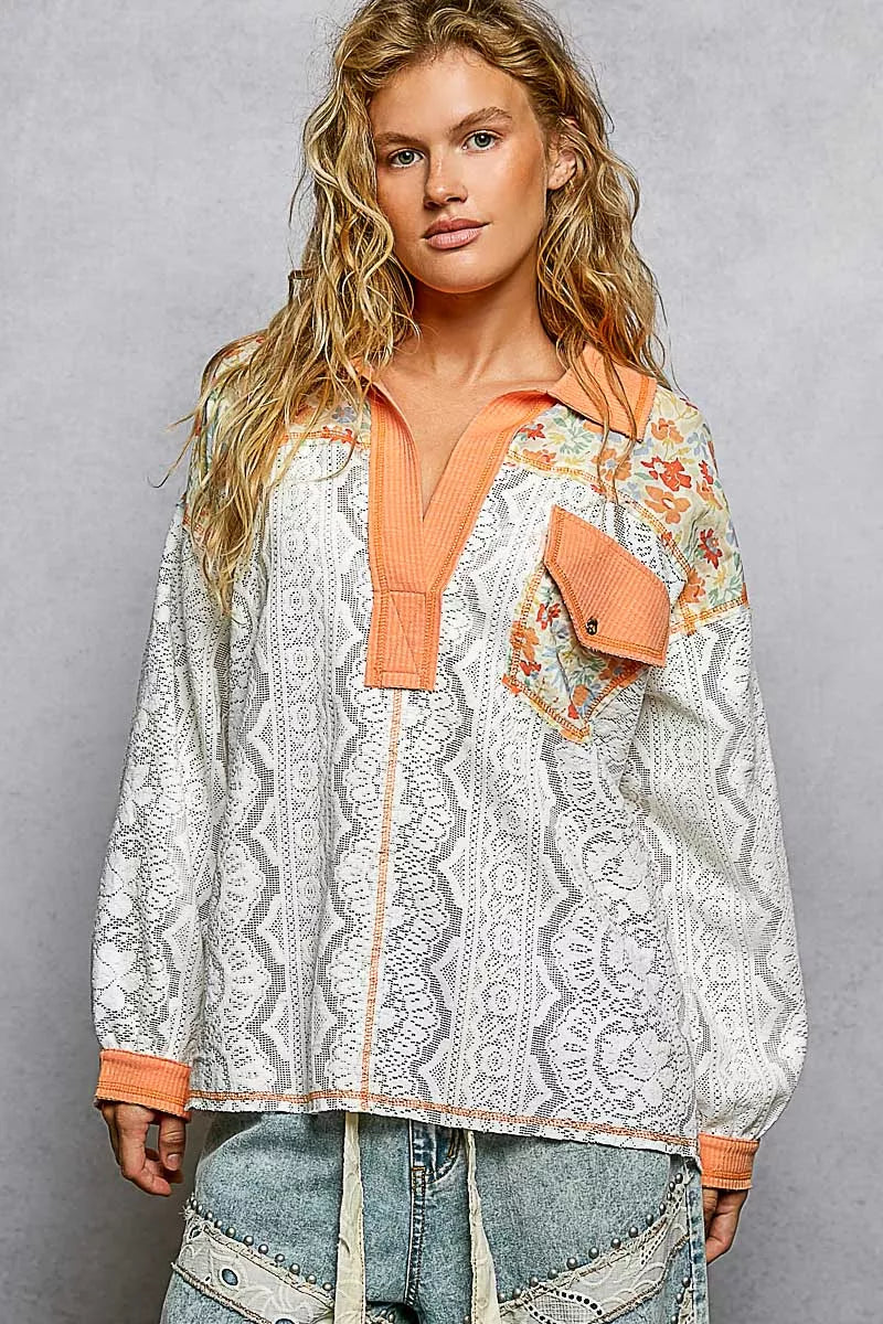Floral Print Long Sleeve Lace Shirt with Front Pocket