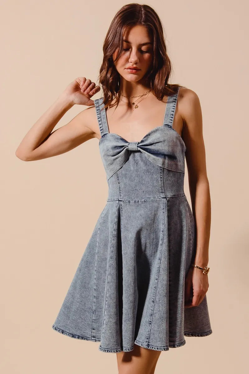 Mineral Washed Bow Ribbon Denim Flare Dress