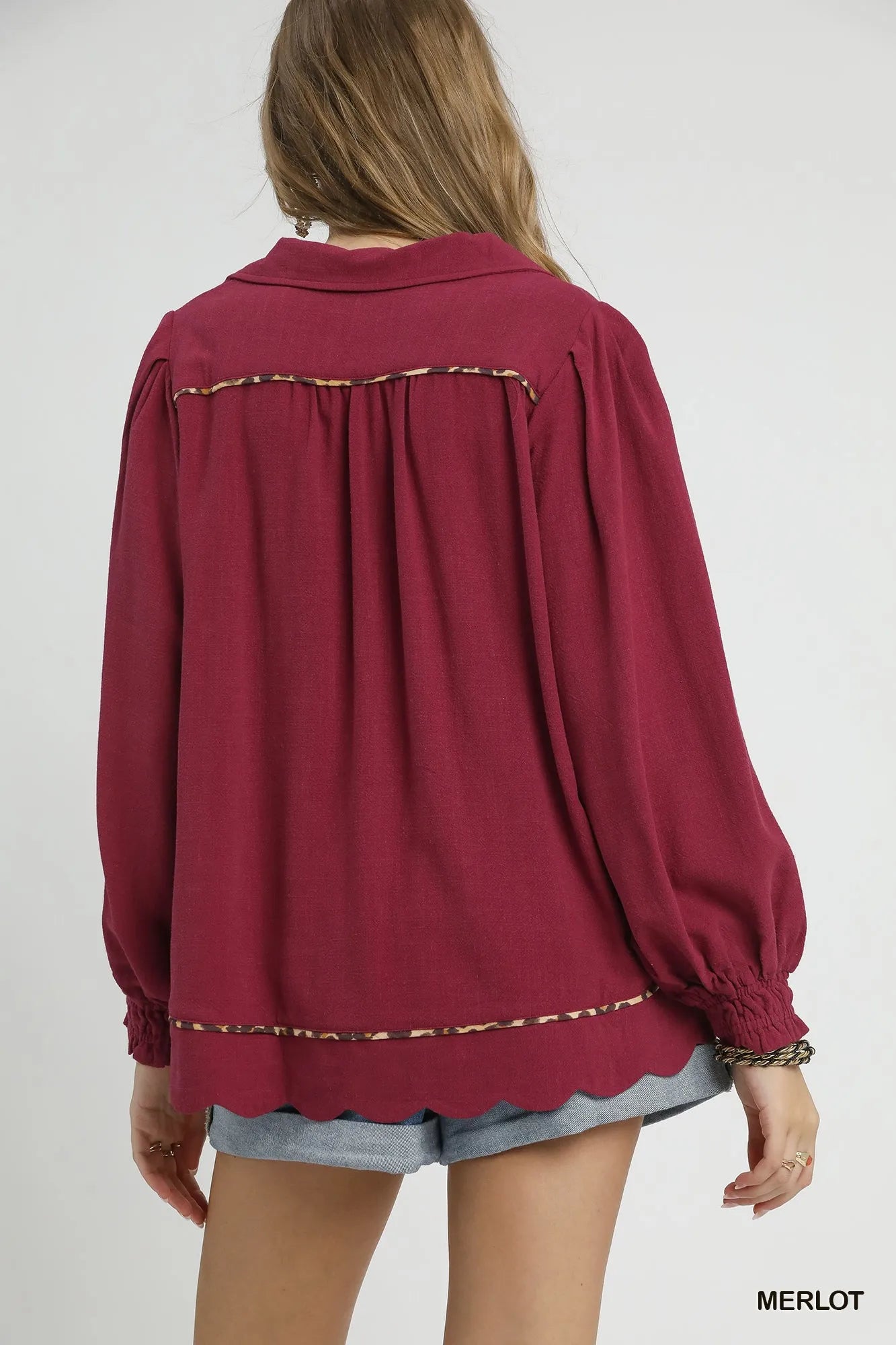 Full Size Linen Scallop Hem Blouse with Contrast Trim Plus Size