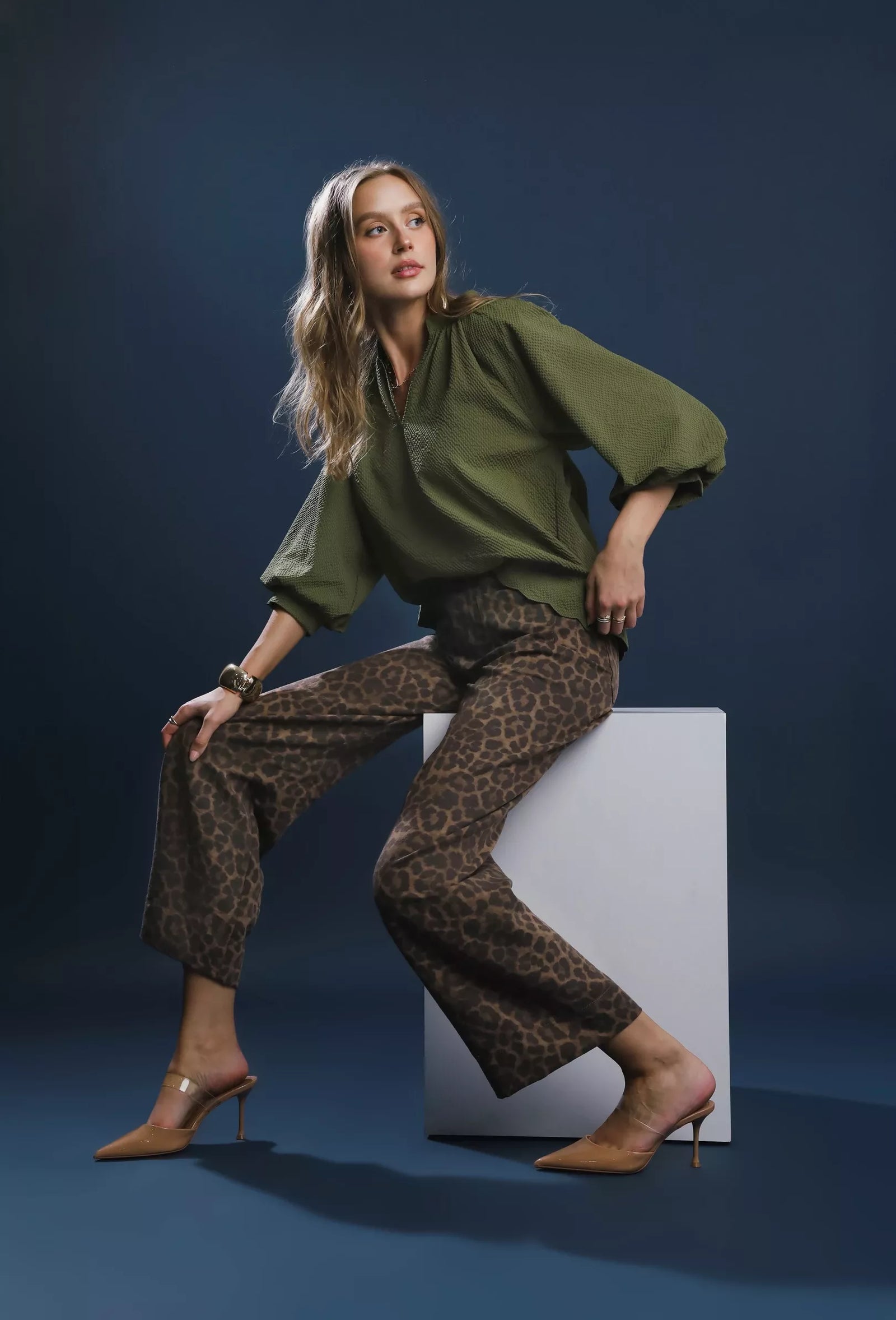 Full Size Textured Notched Balloon Sleeve Blouse Plus Size