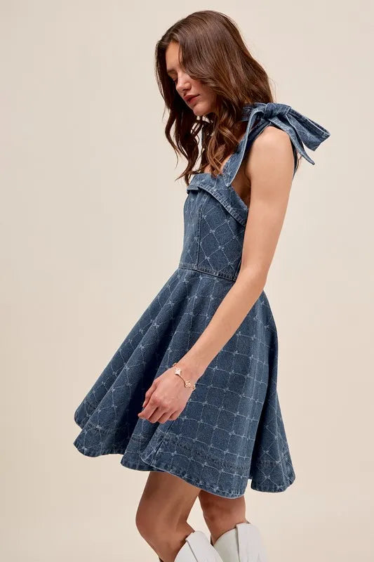 A Line Fit and Flare Diamond Bow Ribbon Denim Dres