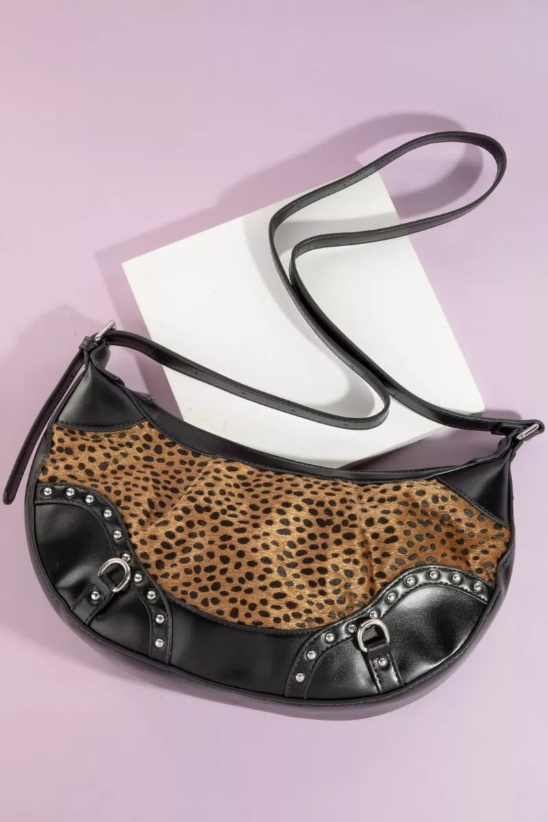Dark Spotted Leopard Print Half Moon Shoulder Bag