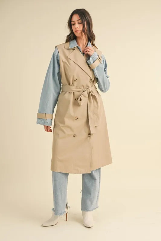 Layered Look Trench Coat With Denim Jacket