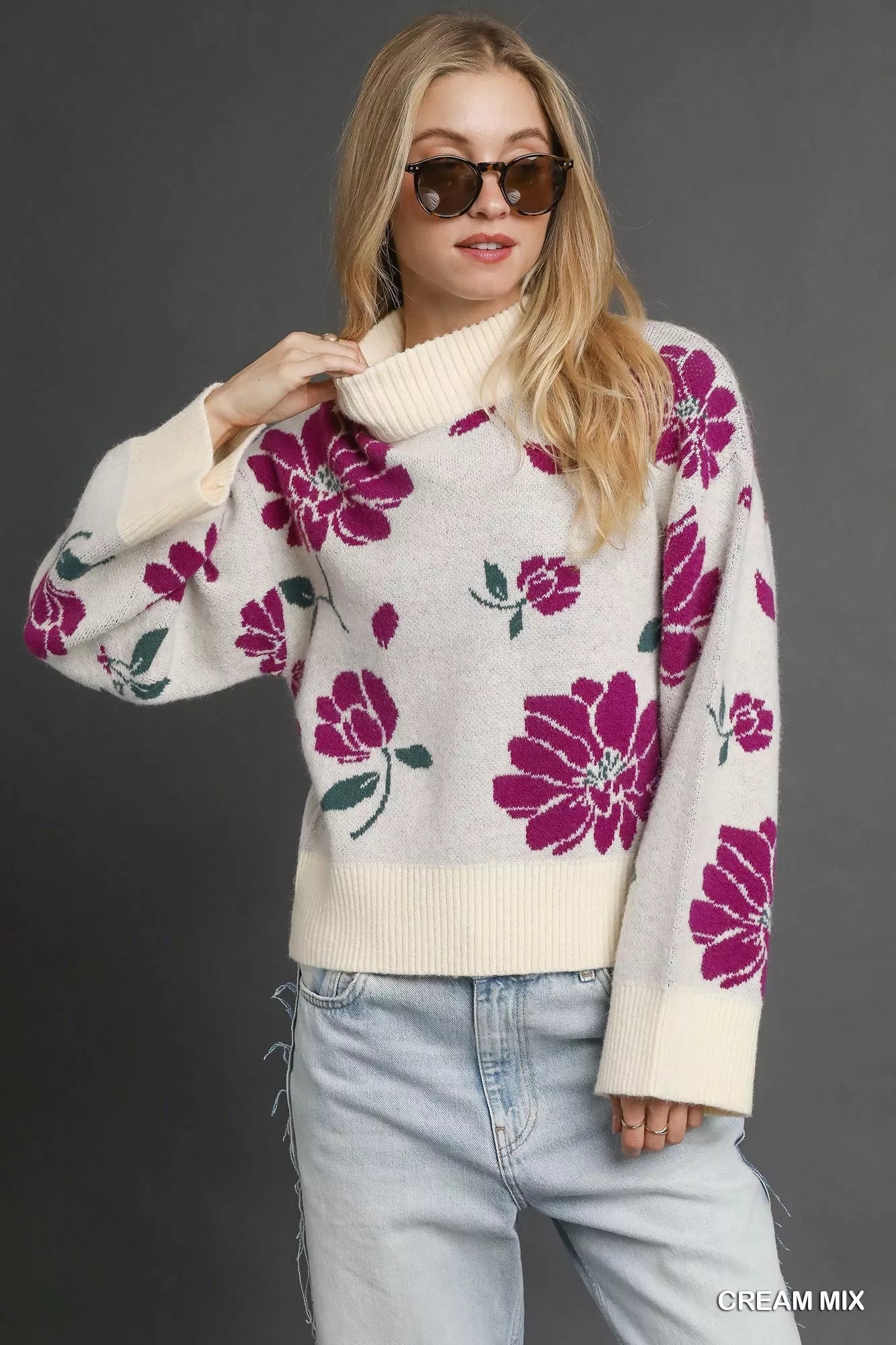 Floral Patterned Mock Neck Sweater